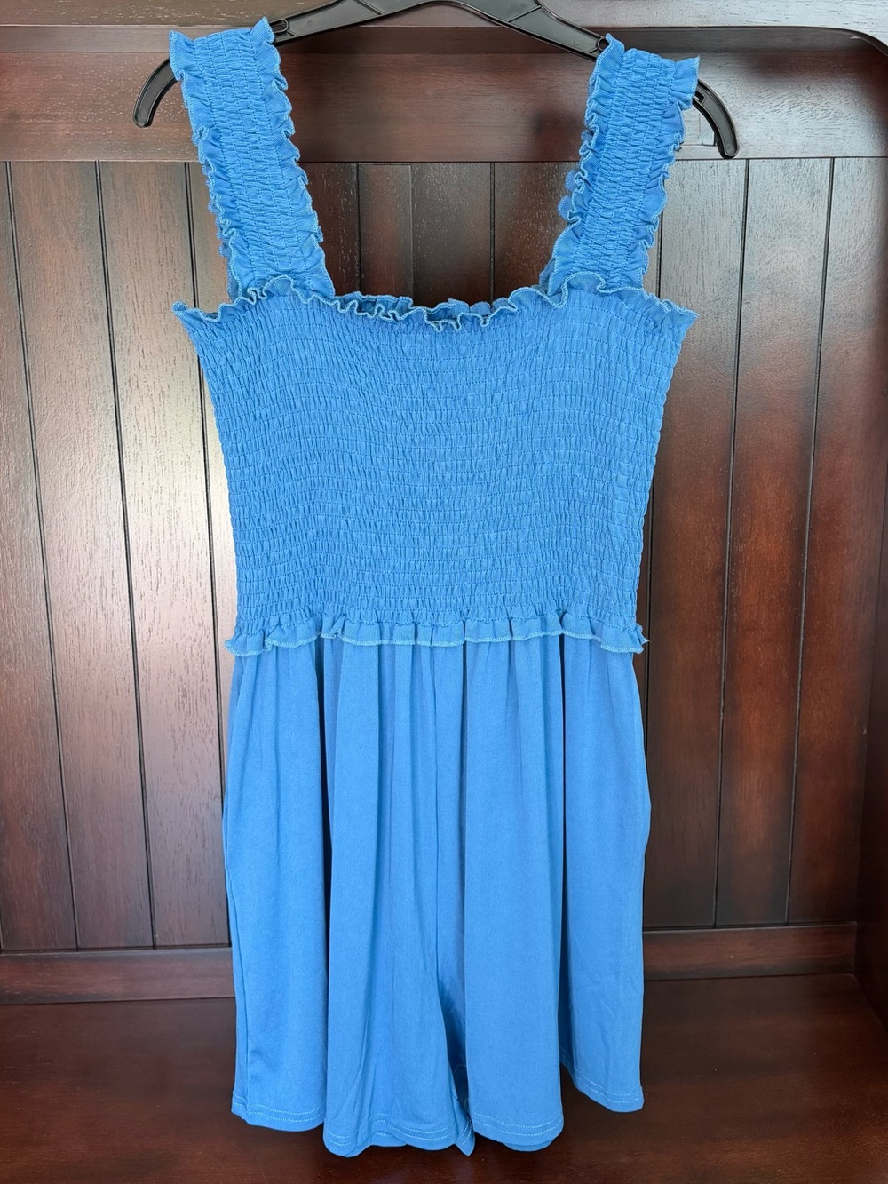 Smocked Blue Sleeveless Jumpsuit Romper with Pockets - Picture 5 of 9